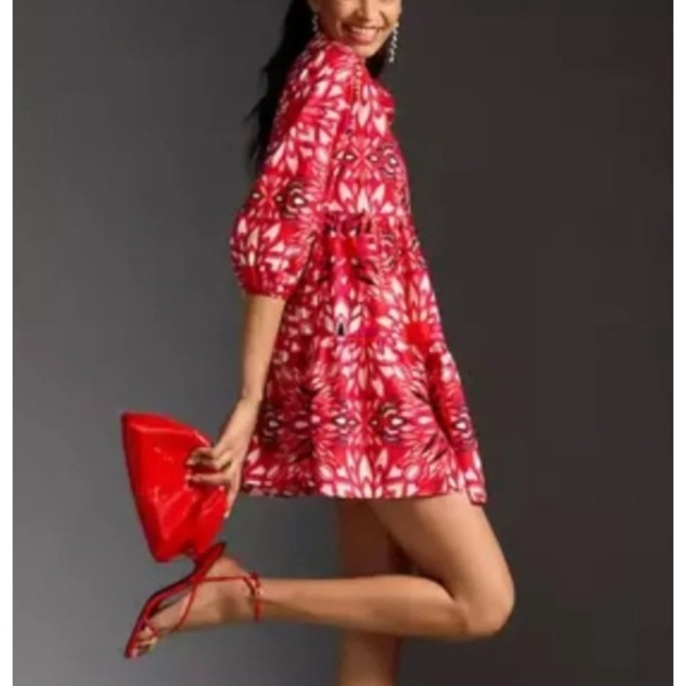 Maeve Shirt Dress Tiered Mini Cotton Womens Small Red Geometric Anthropologie